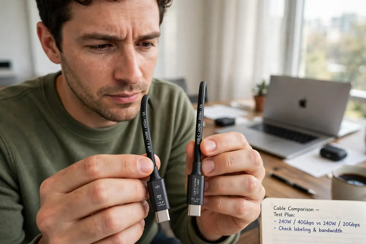 A person holding two real USB-C cables side by side showing the tiny printed logos and markings with legible detail, a MacBook on a desk behind, the person's.