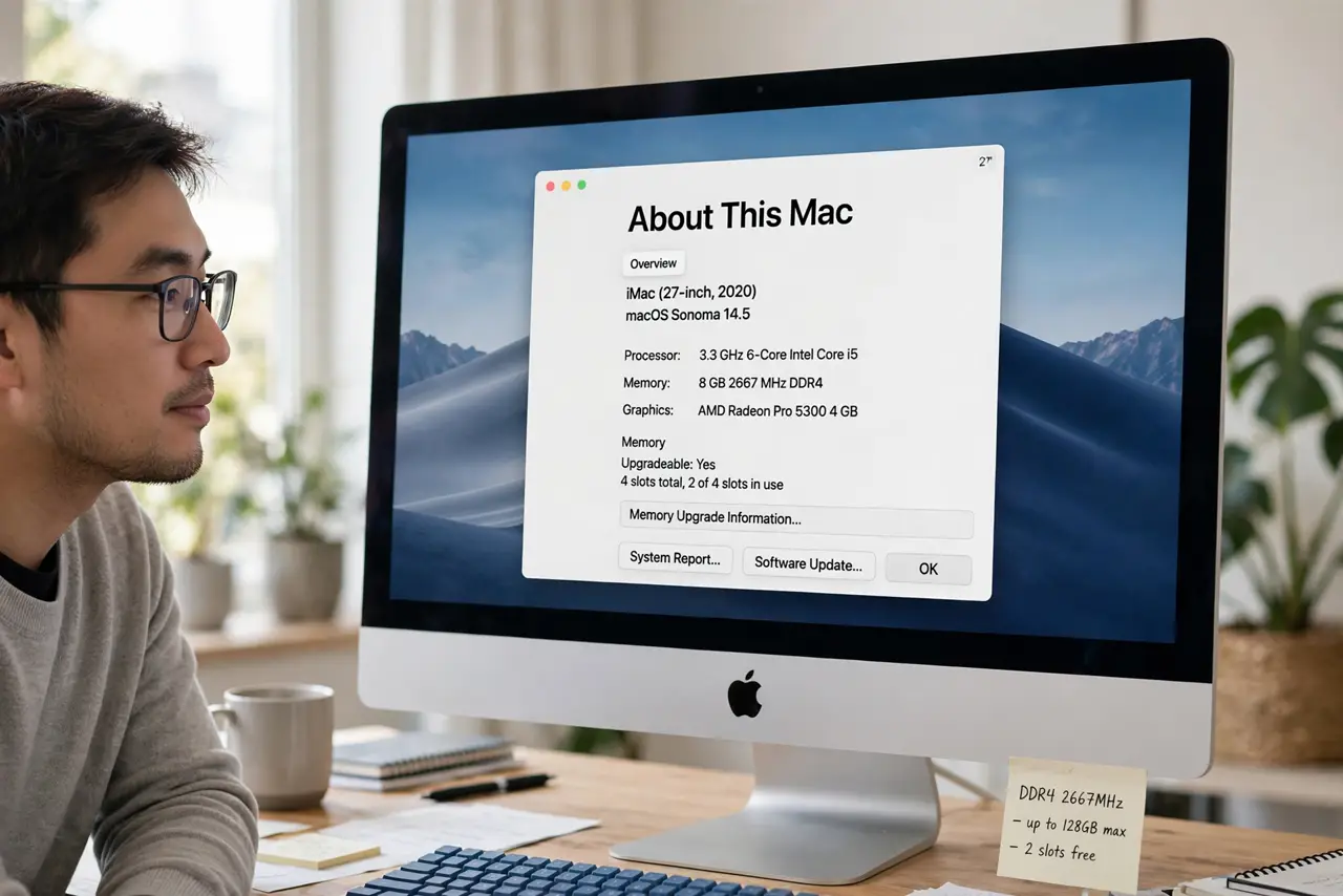 Photoreal photo of a person performing the first step: Confirm your iMac is upgradeable. Click Apple menu, About This Mac, and check the model. User-u