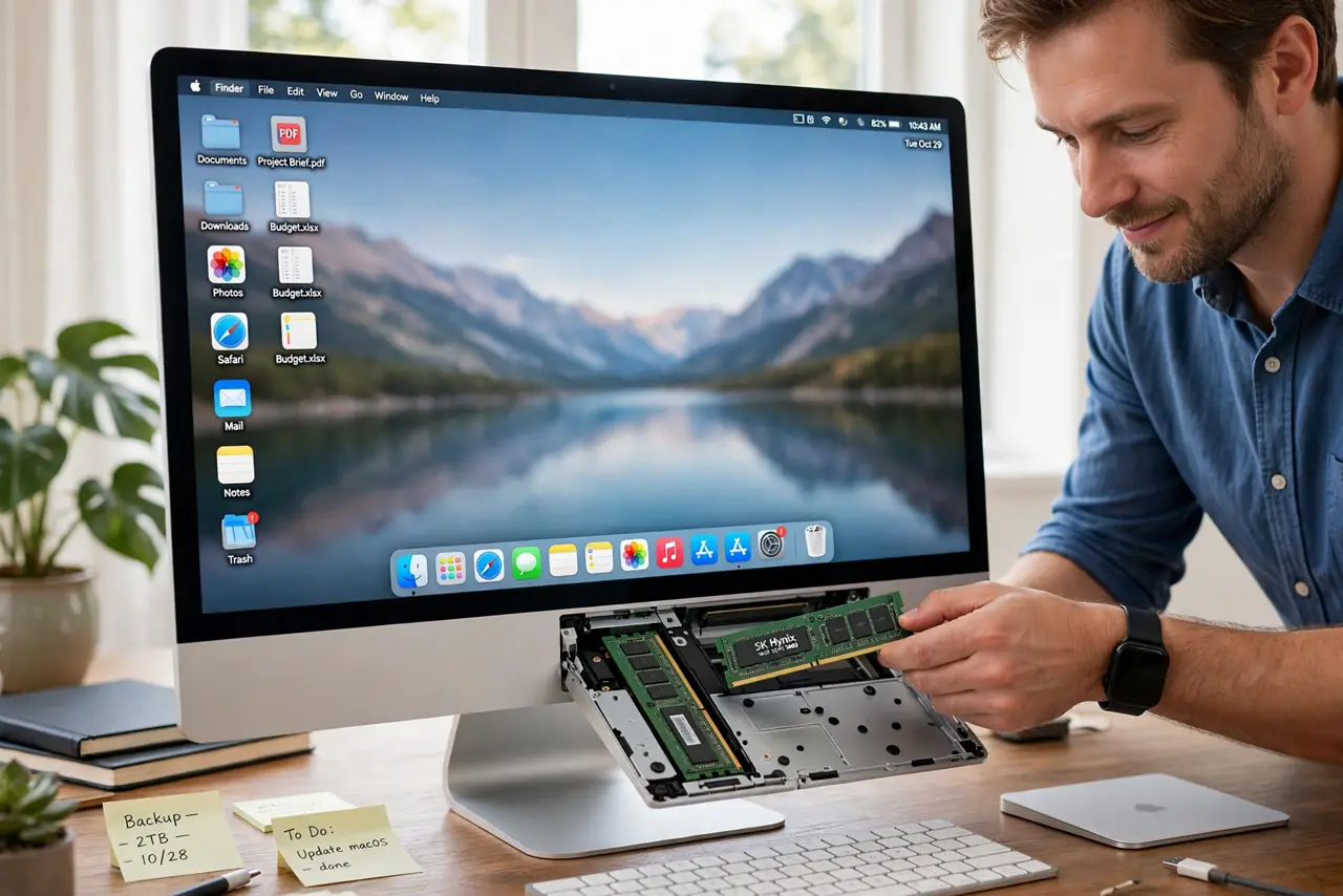 Photoreal photo: a person inserting a real RAM stick into the open memory hatch on the back of a real 27-inch iMac, the iMac screen showing a desktop with legible icons, the person's face careful, bright room. No black screen, no blan