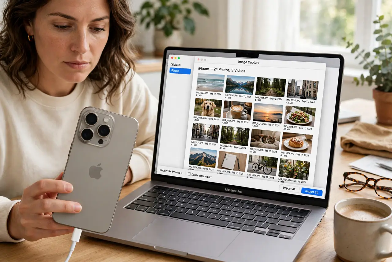 a person connecting a real iPhone to a real Mac with a cable, Image Capture open showing photo thumbnails ready to import, the person's face focused, bright desk. No black screen, .