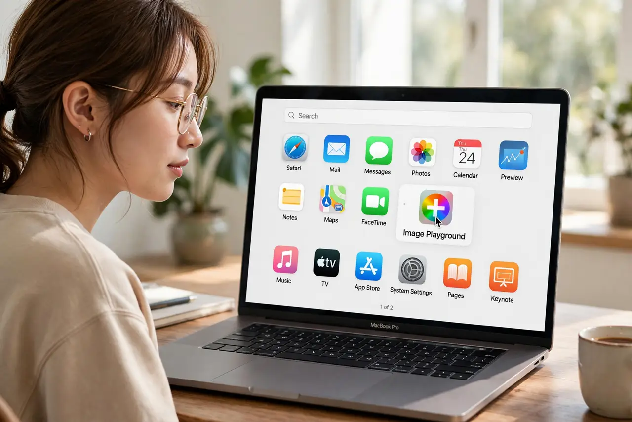 A person performing the guide's first step: Find and open Image Playground. Look in the Applications folder or Launchpad — it is a standalone app on Macs with Apple Intelligence. It…
