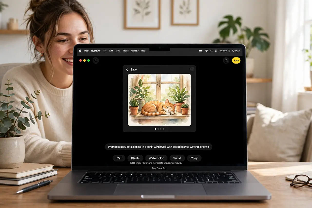 A person at a real Mac showing the Image Playground app with a generated illustration and legible prompt text, smiling at the result, bright home office.