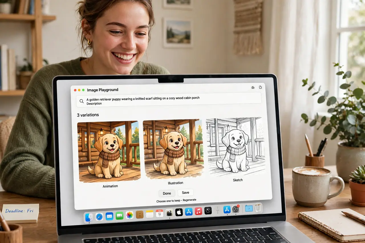 a person using a real MacBook showing Image Playground with three versions of the same image in different art styles, each clearly legible, the person's face delighted, bright home office.