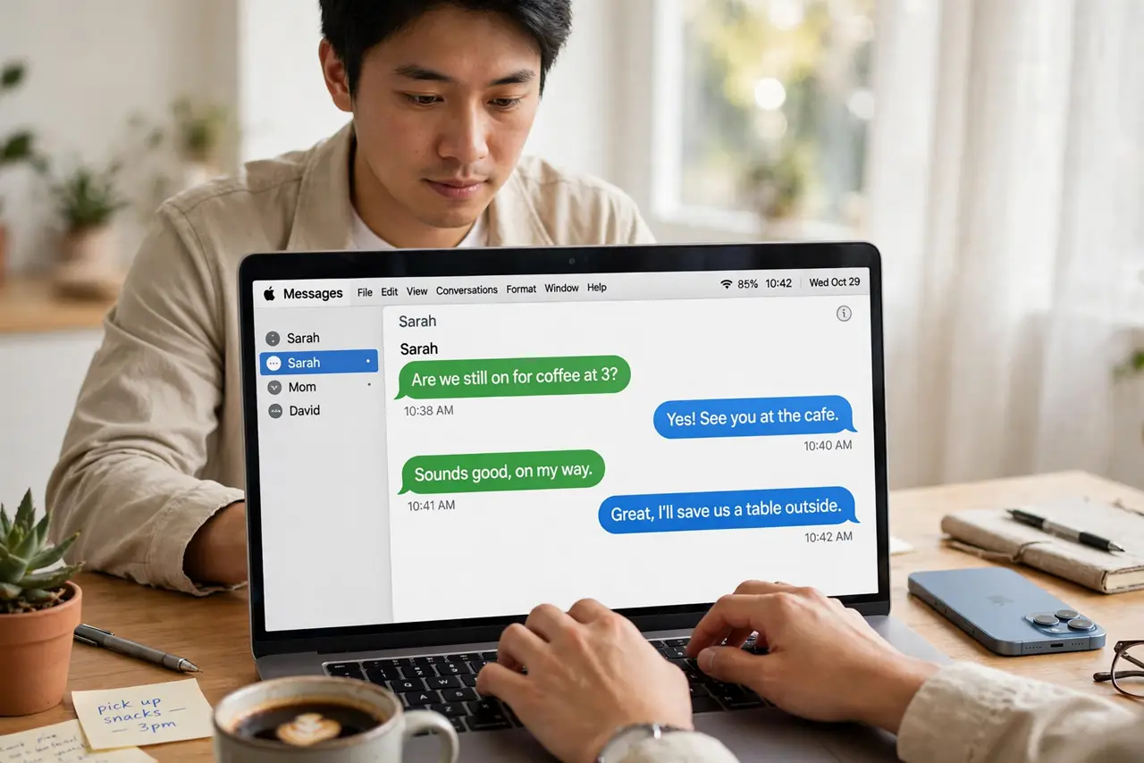 A person typing on a real MacBook showing the Messages app with legible blue and green message bubbles, an iPhone beside it, the person's face calm and…