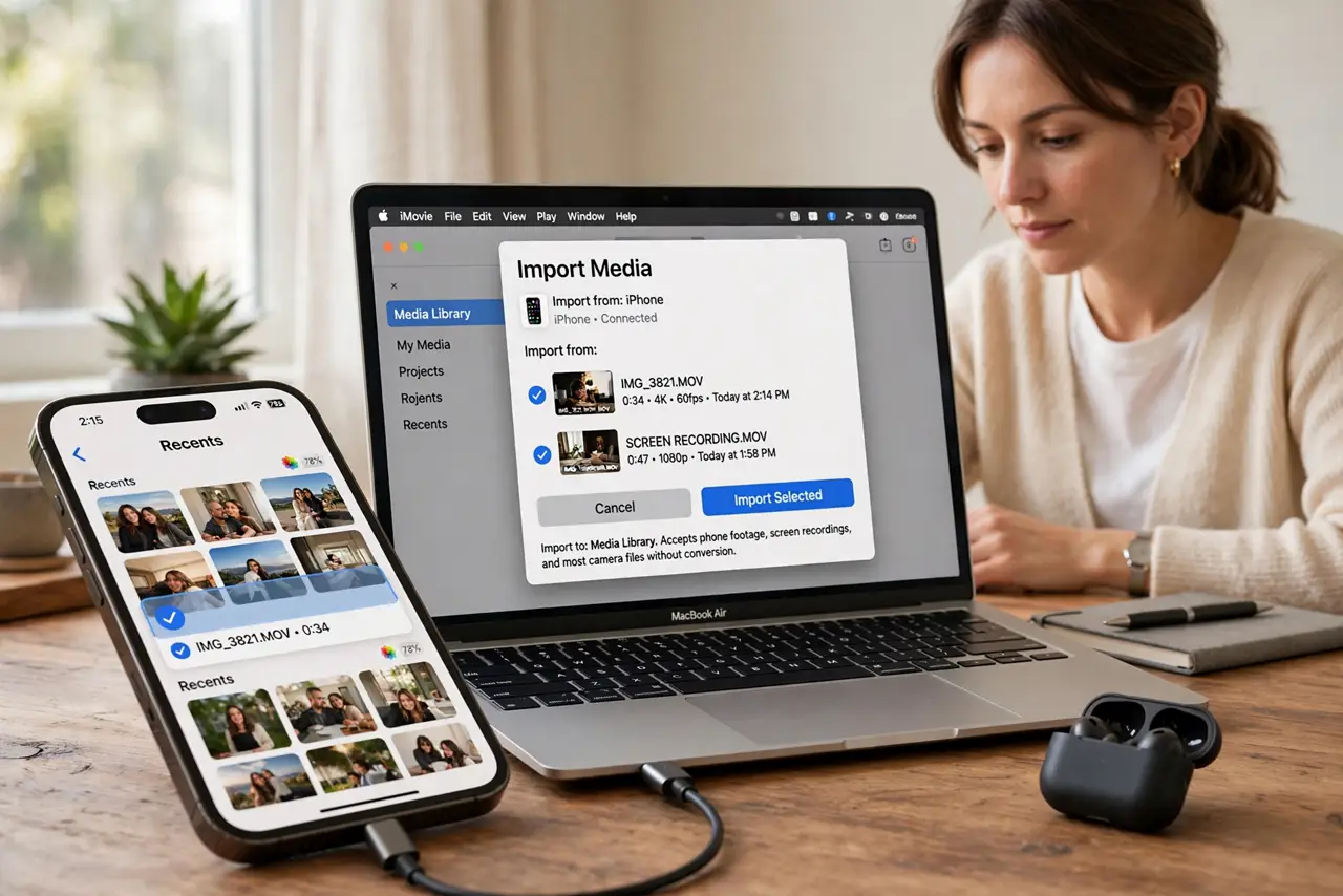 A person performing the first step of the guide: Import your footage. File > Import Media, or drag clips straight into iMovie's media browser. It accepts phone.