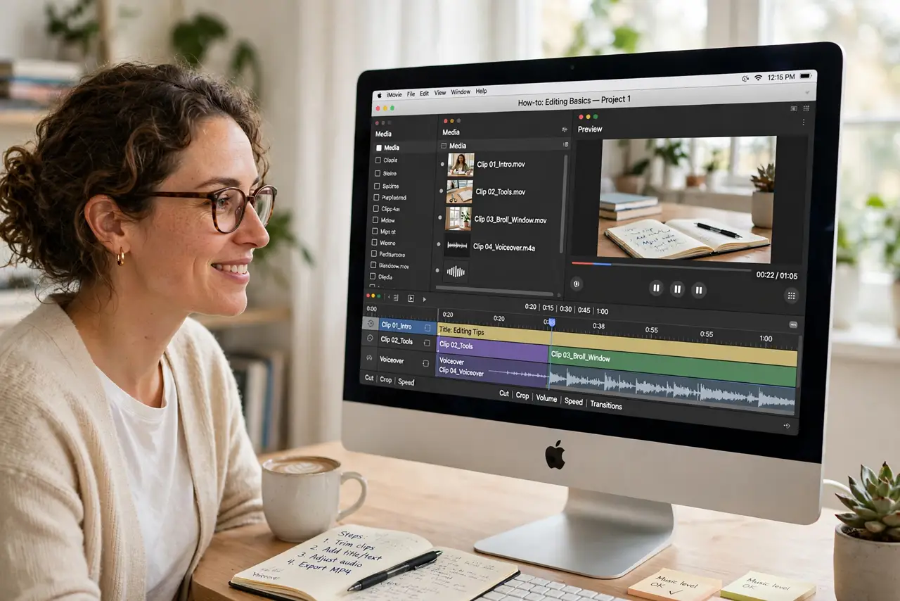 A person editing video in real iMovie on a Mac screen with a legible timeline of clips, the person's face concentrated and pleased, bright home.