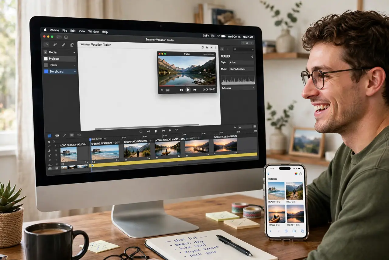 a person at a real Mac with iMovie open showing a legible trailer template timeline, a phone with vacation clips beside it, the person's face delighted, home office.