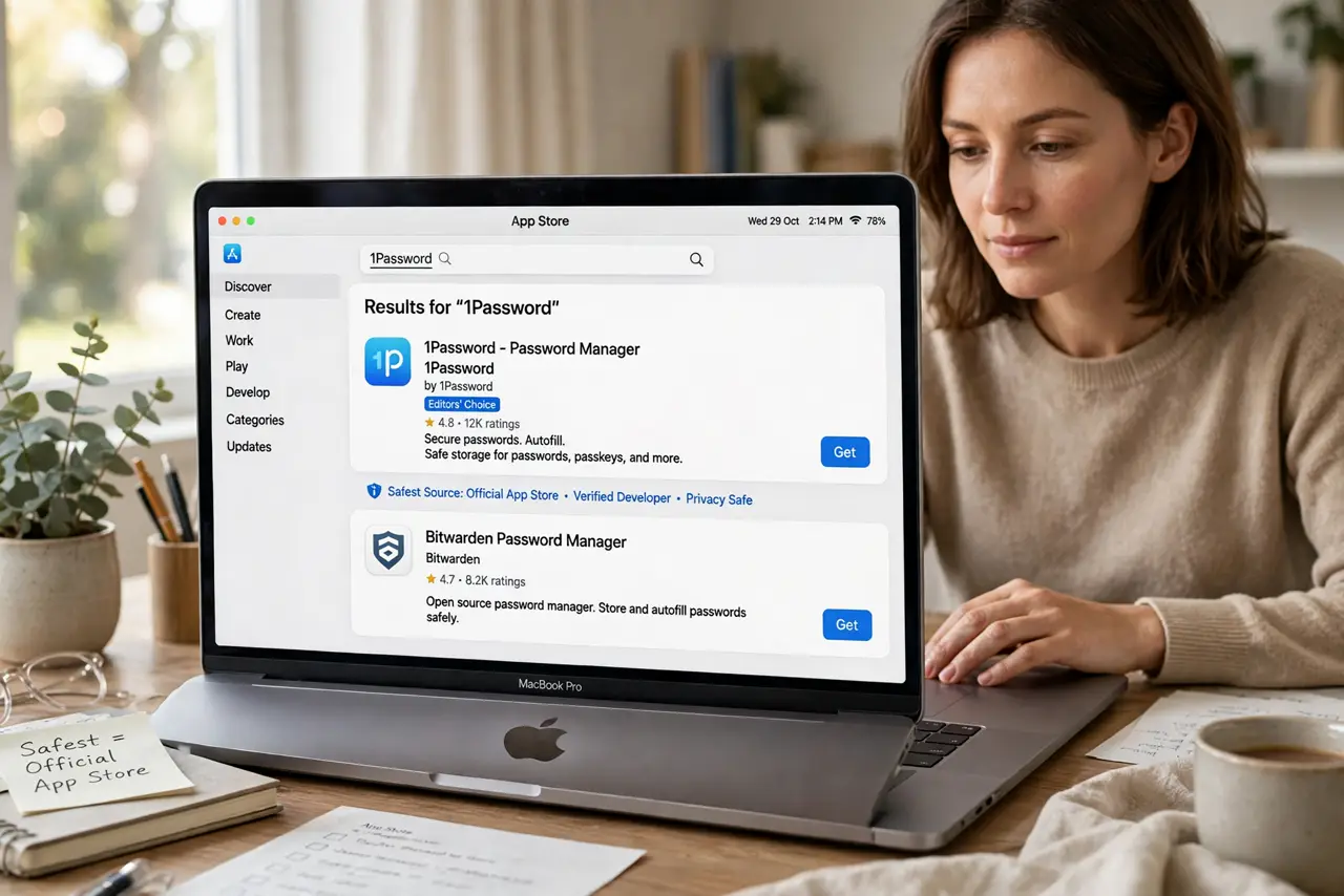 Photoreal photo of a person performing the first step: Prefer the App Store first. The Mac App Store sandboxes apps and handles updates automatically — it is the safest source by far. Check there before go...