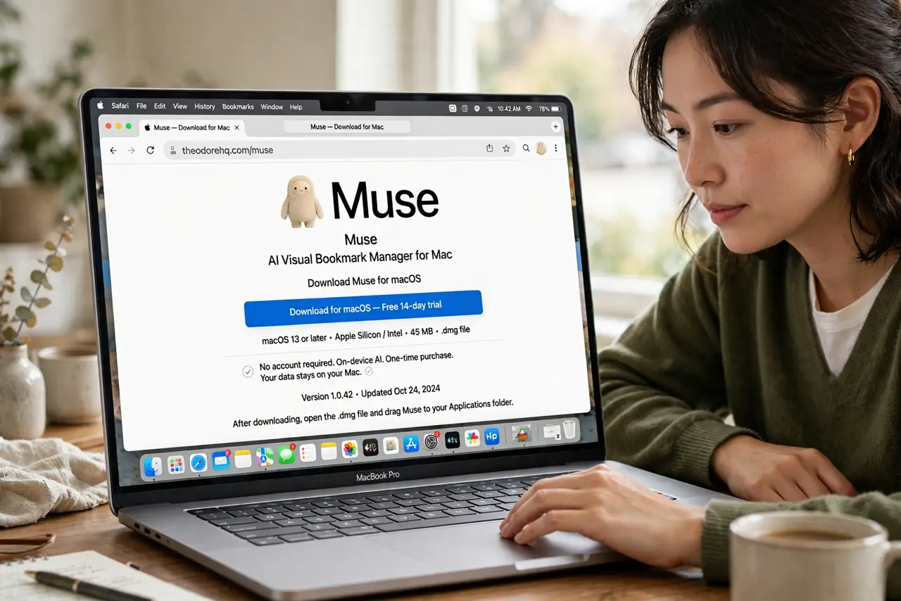 Photoreal photo: a person downloading an app from a real developer website shown on a Mac screen with a legible download button, the person's face cautious and careful, home desk. No black screen, no blank white screen,