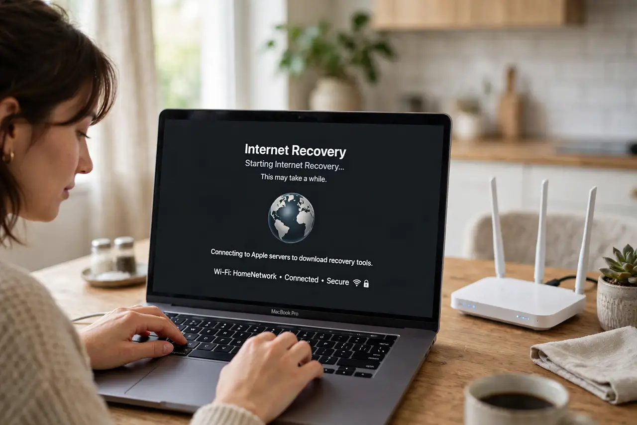 Photoreal photo of a person performing the first step: Start Internet Recovery with the right keys. Shut the Mac down, then power it on while holding