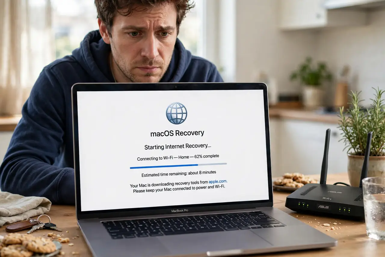 Photoreal photo: a person watching a real MacBook screen showing the macOS recovery globe icon with a progress bar and legible text, the person's face worried but hopeful, kitchen table with Wi-Fi router nearby. No black screen, no bl