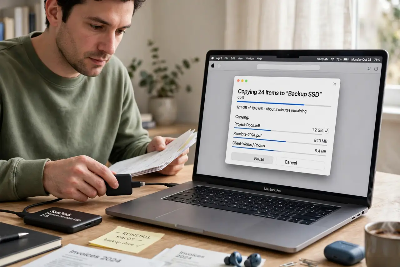 Photoreal photo of a person performing the first step: Back up anything you care about. A standard reinstall keeps your files, but anything can go wro