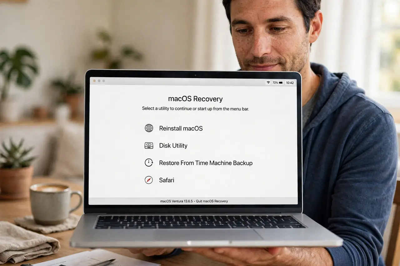 Photoreal photo: a person holding a real MacBook showing the macOS Recovery screen with legible menu options (Reinstall macOS, Disk Utility), a Wi-Fi icon visible, the person's face calm and focused, desk at home. No black screen, no