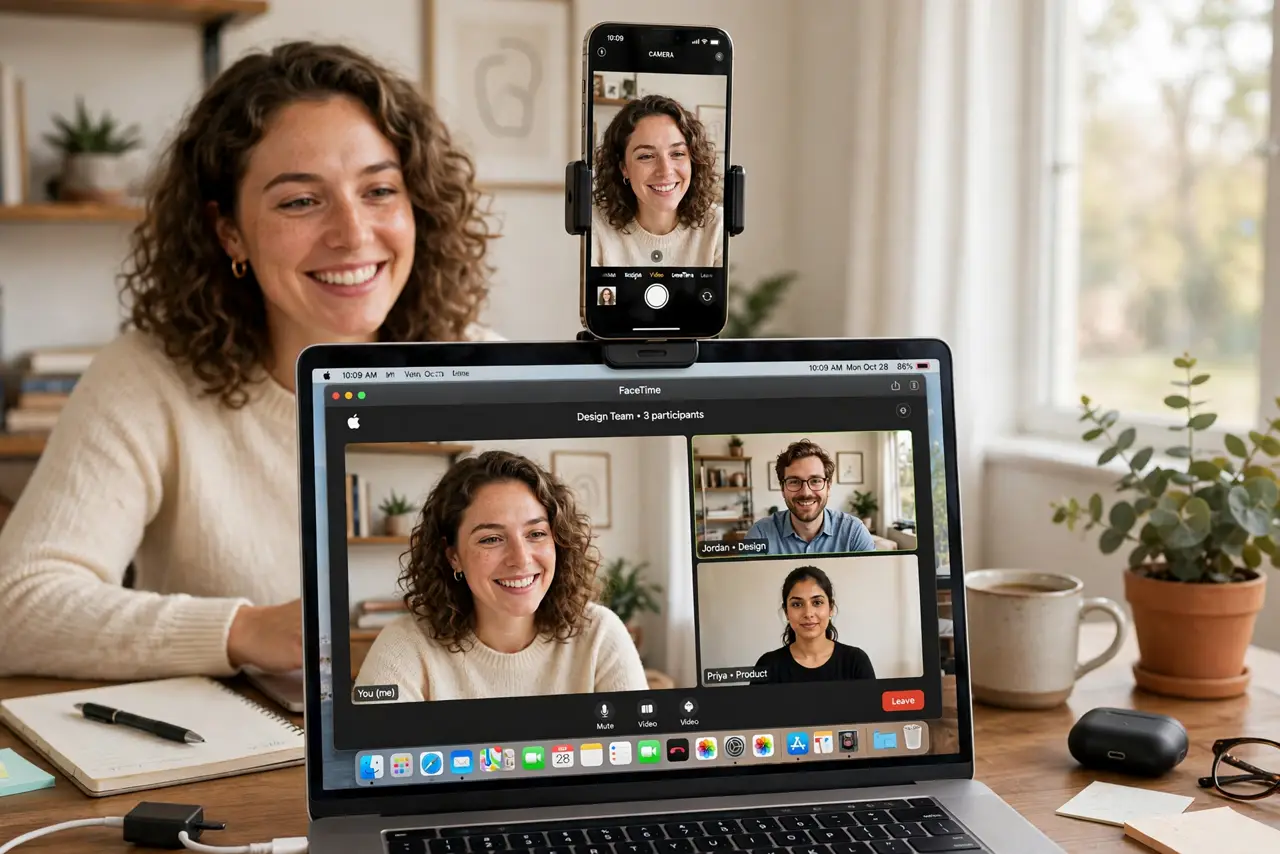 A person on a real video call at a desk, a real iPhone mounted on top of a real MacBook showing the camera view legible, the person's face pleased, home office.