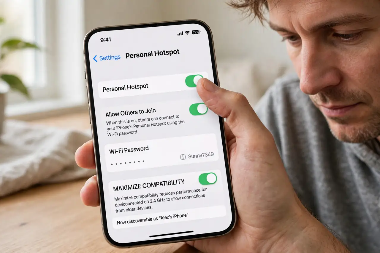 A person carrying out step one: enable the hotspot on the iphone.