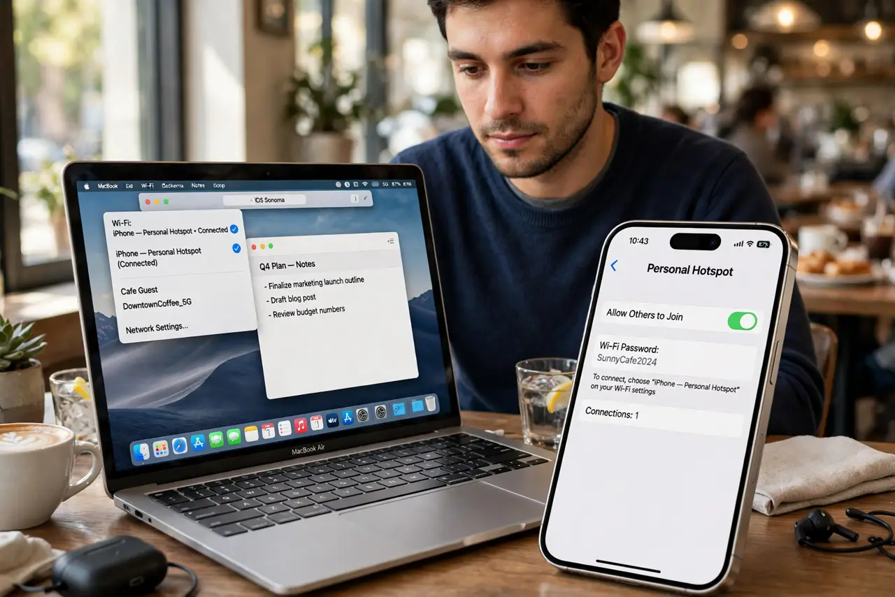 A person working on a real MacBook in a cafe, connected to a real iPhone's Personal Hotspot, the Wi-Fi menu showing the hotspot connection with legible text,…