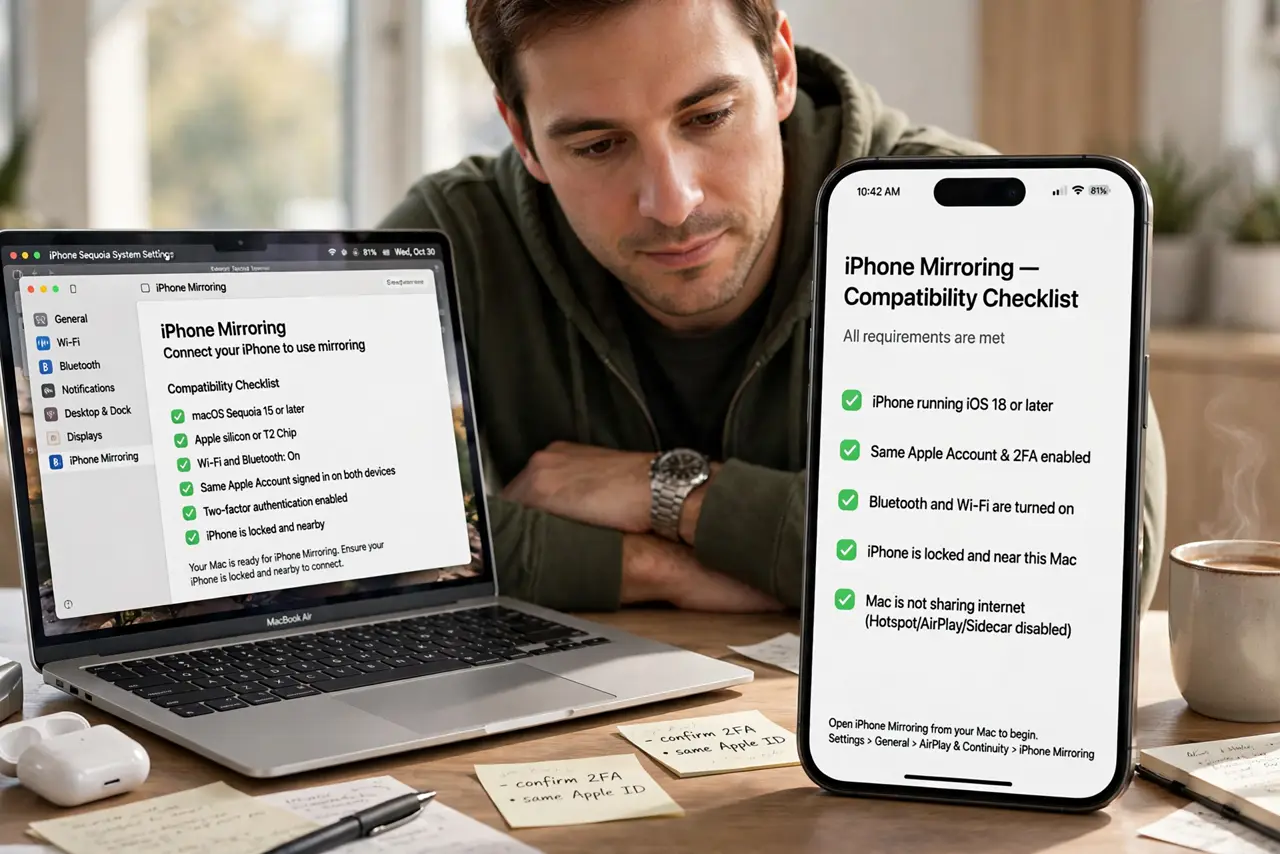 Photoreal photo of a person performing the first step: Check the requirements. You need a compatible iPhone and Mac on recent software, both signed...