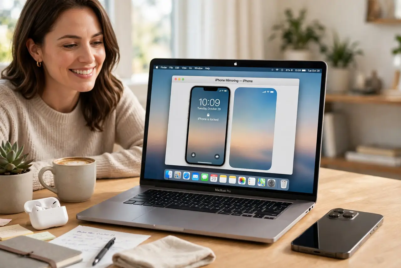 Photoreal photo: a person working at a real Mac with a real iPhone beside it, the Mac screen showing a legible mirrored iPhone display, the iPhone itself locked, the person's face pleased, bright desk. No black scr...
