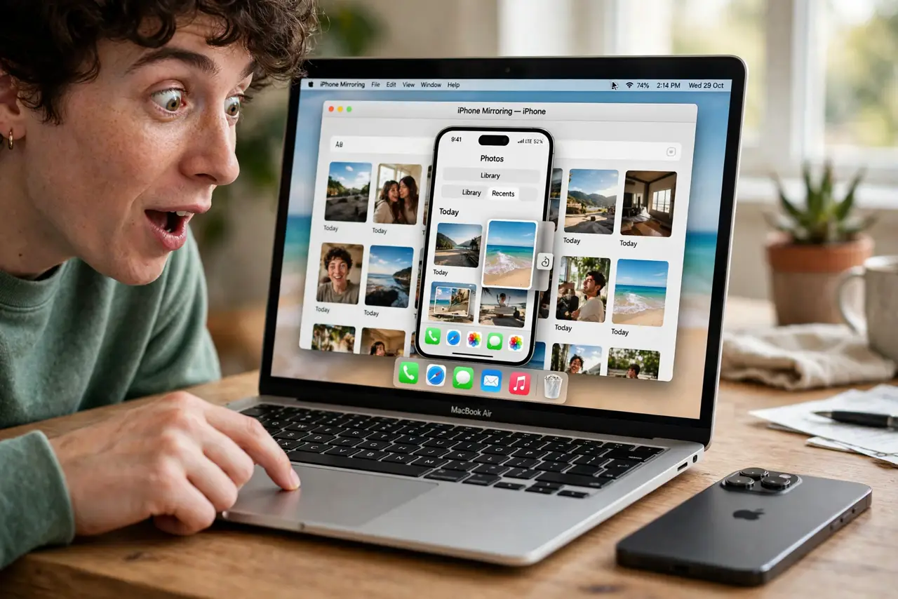 A person dragging a photo on a real MacBook screen showing the mirrored iPhone display fully legible, a real iPhone lying locked beside the MacBook, the person's face impressed.