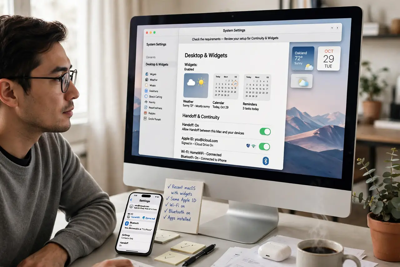 A person performing step 1: Check the requirements. You need a recent macOS with desktop widgets and an iPhone with the apps installed, bo.