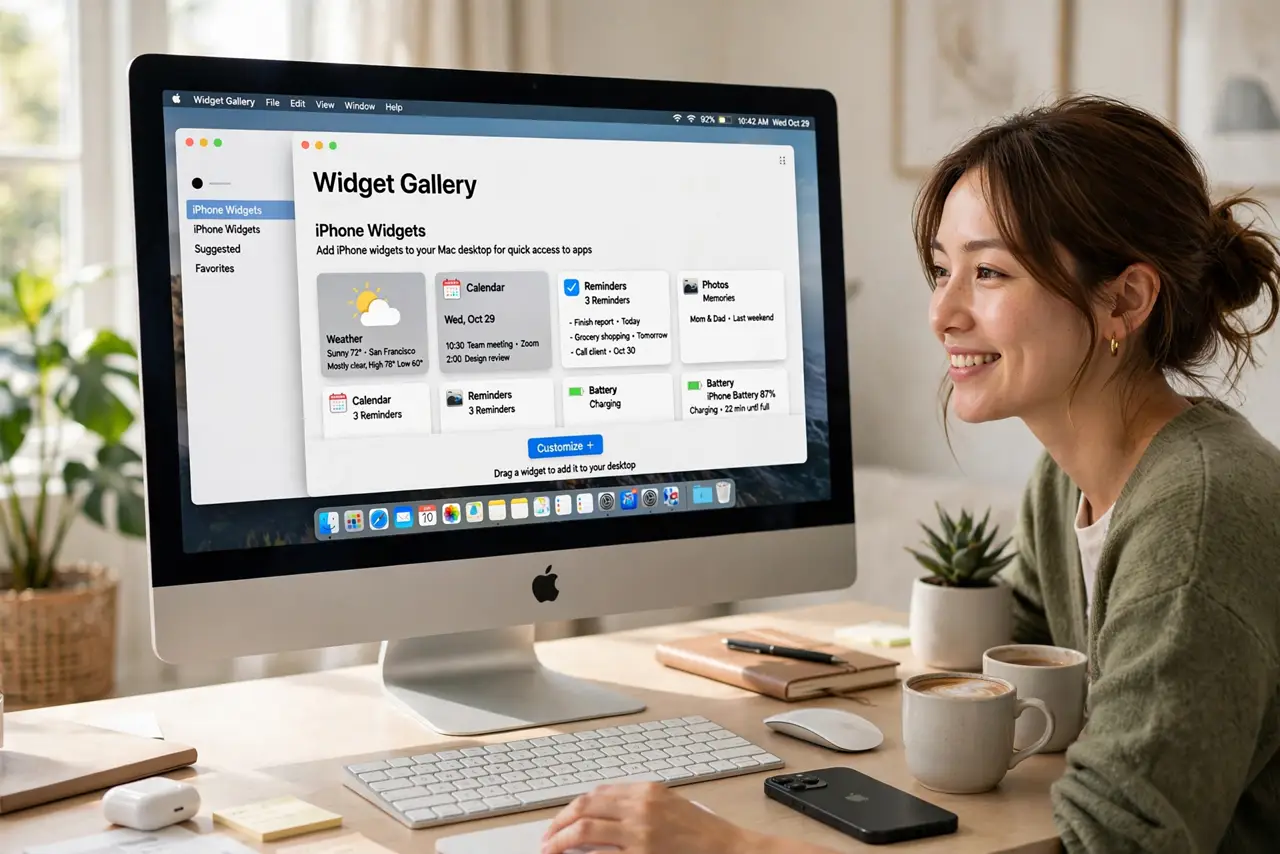 A person customizing widgets on a real Mac desktop, the screen showing a legible widget gallery with iPhone app widgets, an iPhone lying beside the keyboard, the person's.