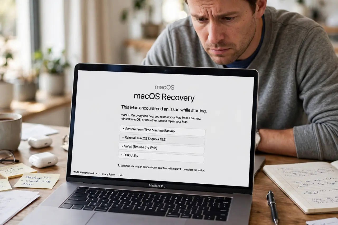 a concerned adult at a desk with a real Mac laptop that just restarted, a calm recovery screen visible on the real screen complete and legible, the person checking the Mac carefully.