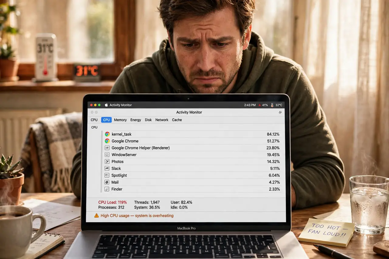 kernel_task Uses All Your CPU — a frustrated adult staring at a MacBook showing Activity Monitor with fully legible process text, the person l