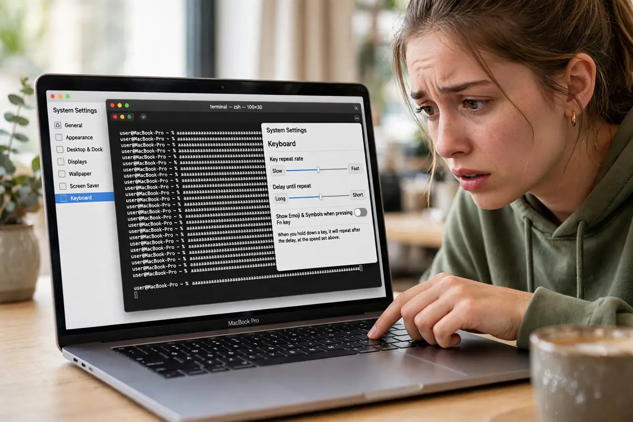 A person holding down a key on a real MacBook keyboard while watching characters repeat on screen, the Keyboard settings with the Key repeat rate slider fully legible, the person's face slightly overwhelmed.