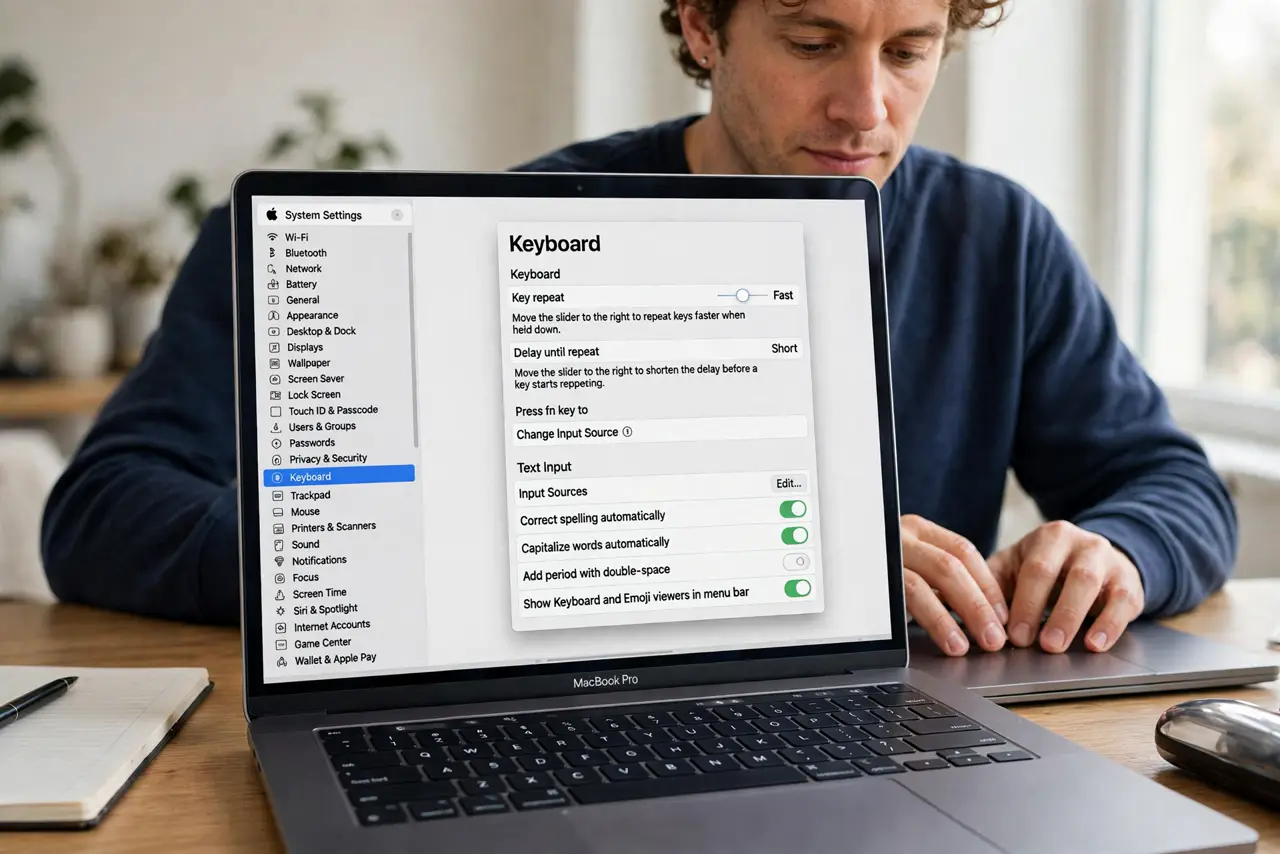 a calm adult typing on a real Mac laptop keyboard at a desk, the macOS Keyboard settings screen clearly visible and legible on the real Mac screen.