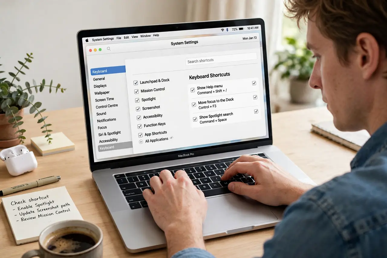 a person typing on a real Mac keyboard, the Keyboard Shortcuts settings open on screen, the person's hands on the keys, face focused, bright desk. No black screen, no blank white s.