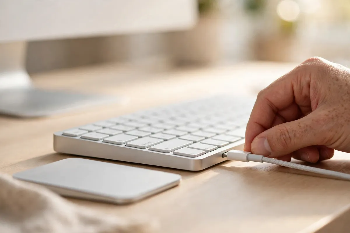 A hand plugging a white charging cable into a silver wireless Mac keyboard, with a trackpad beside it on a desk.