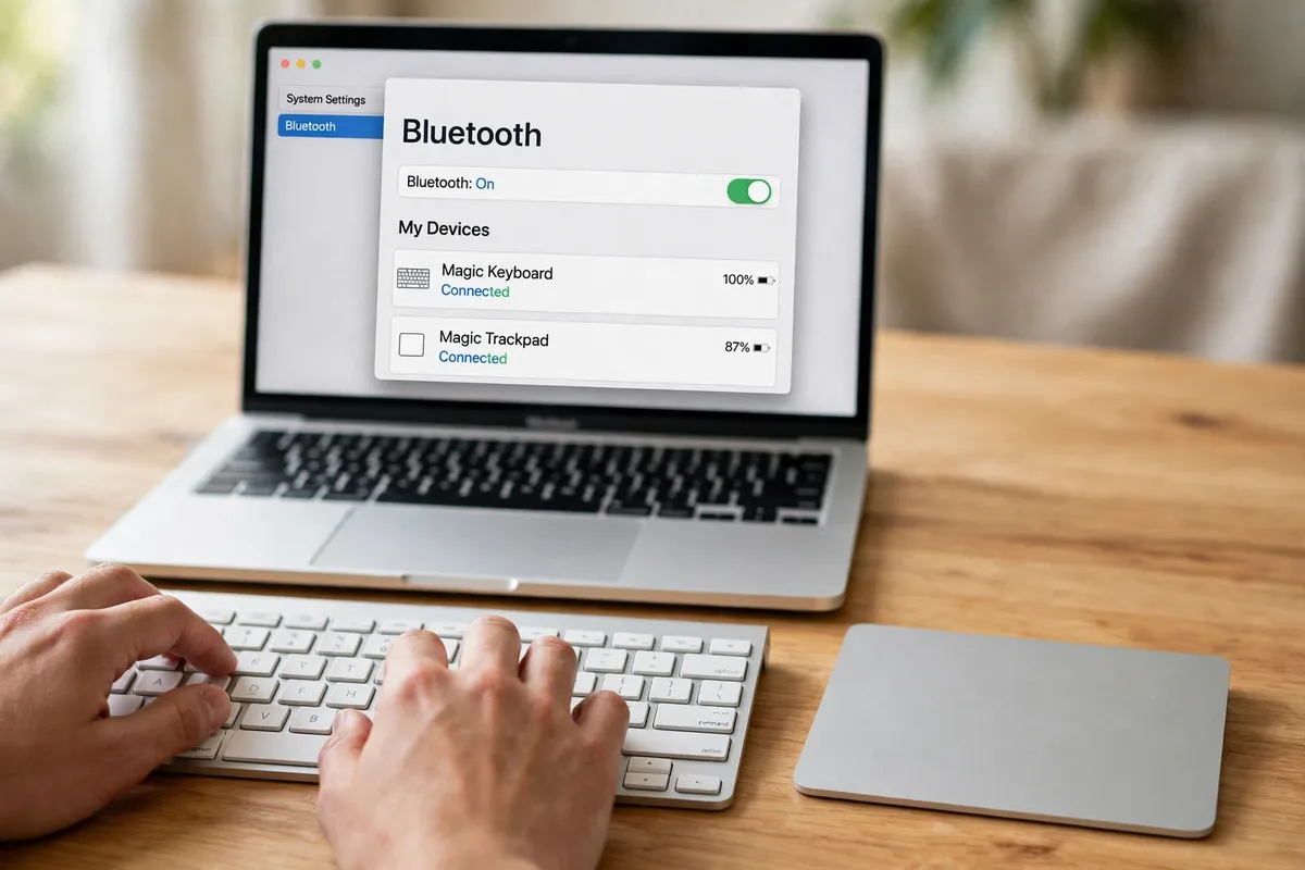 Hands typing on a silver wireless Mac keyboard beside a large trackpad on a bright wooden desk, with a MacBook behind them showing Bluetooth settings with Magic Keyboard and Magic Trackpad connected.