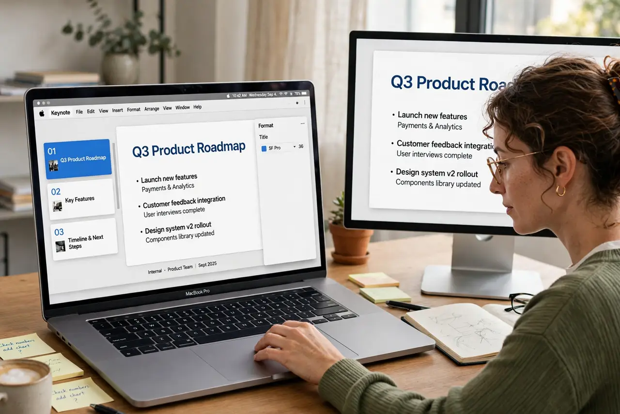 a person building a real Keynote slide with a clean template and legible title on a Mac, the person's face creative and engaged, presentation on second screen.