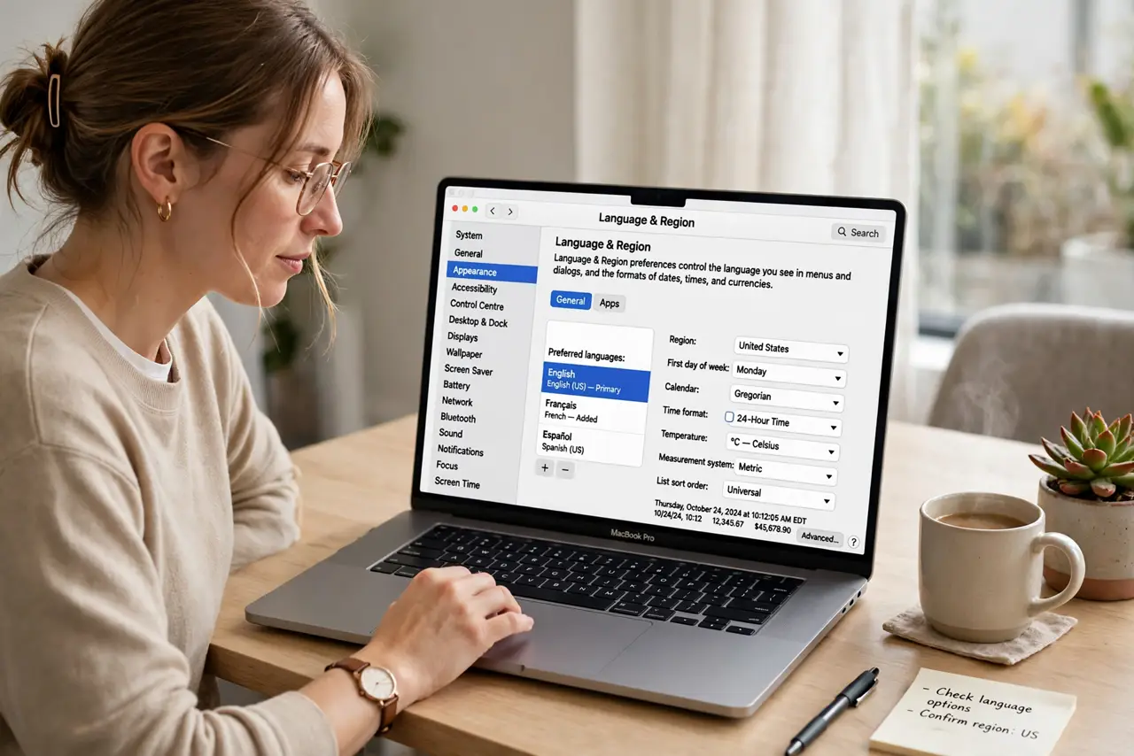 a focused adult at a desk with a real Mac laptop open, Language and Region settings visible on the real screen complete and legible, the person checking menus calmly.