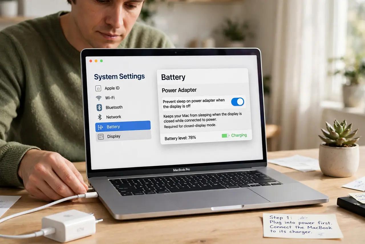 Closed-Display Mode Fails on a MacBook — step 1 being performed on the device.