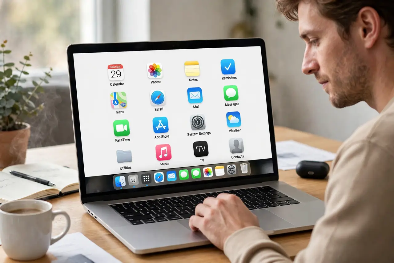 A person performing the first step: Open Launchpad. Pinch with thumb and three fingers on the trackpad, press F4, or.