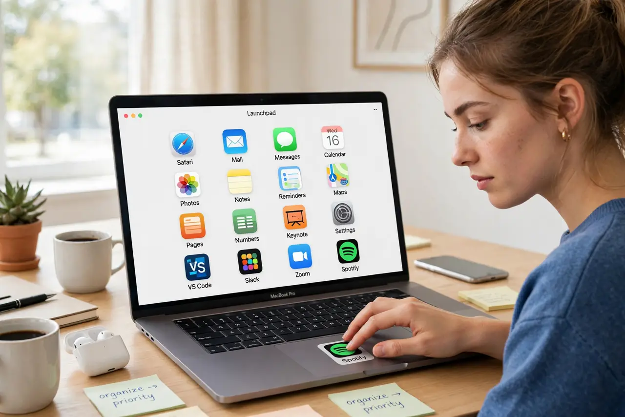 A person organizing app icons in Launchpad on a real Mac with the app grid legible on screen, the person's face