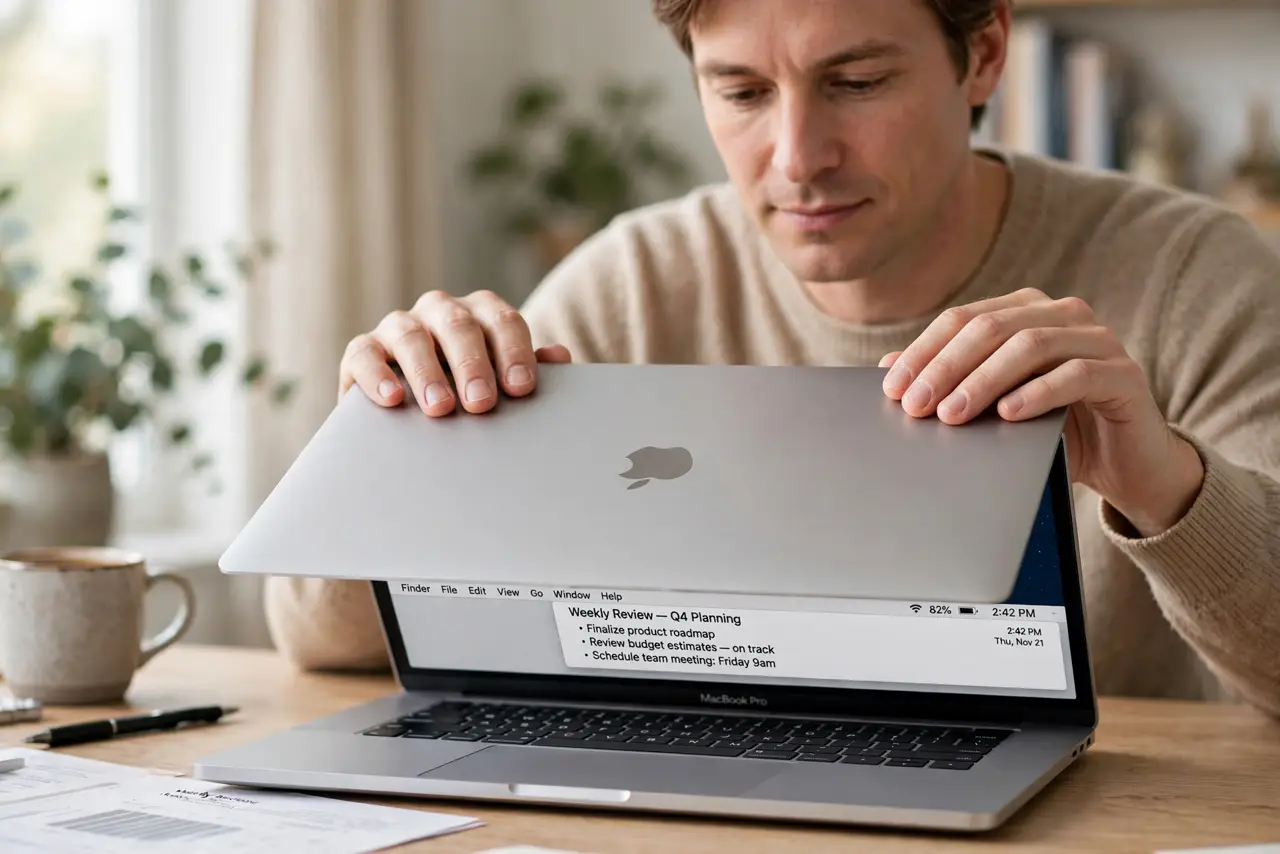a calm adult closing a real Mac laptop lid on a desk, the laptop screen going dark, the person placing it down gently and calmly.