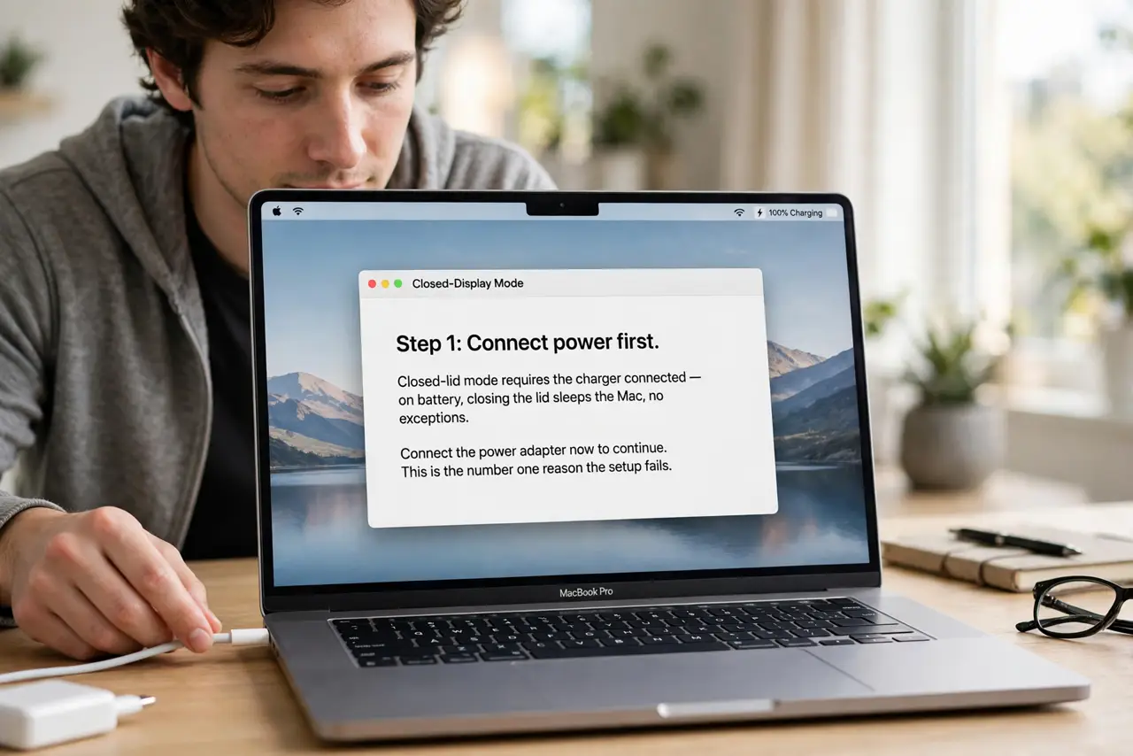 A person performing step 1: Connect power first. Closed-lid mode requires the charger connected — on battery, closing the lid sleeps the M.