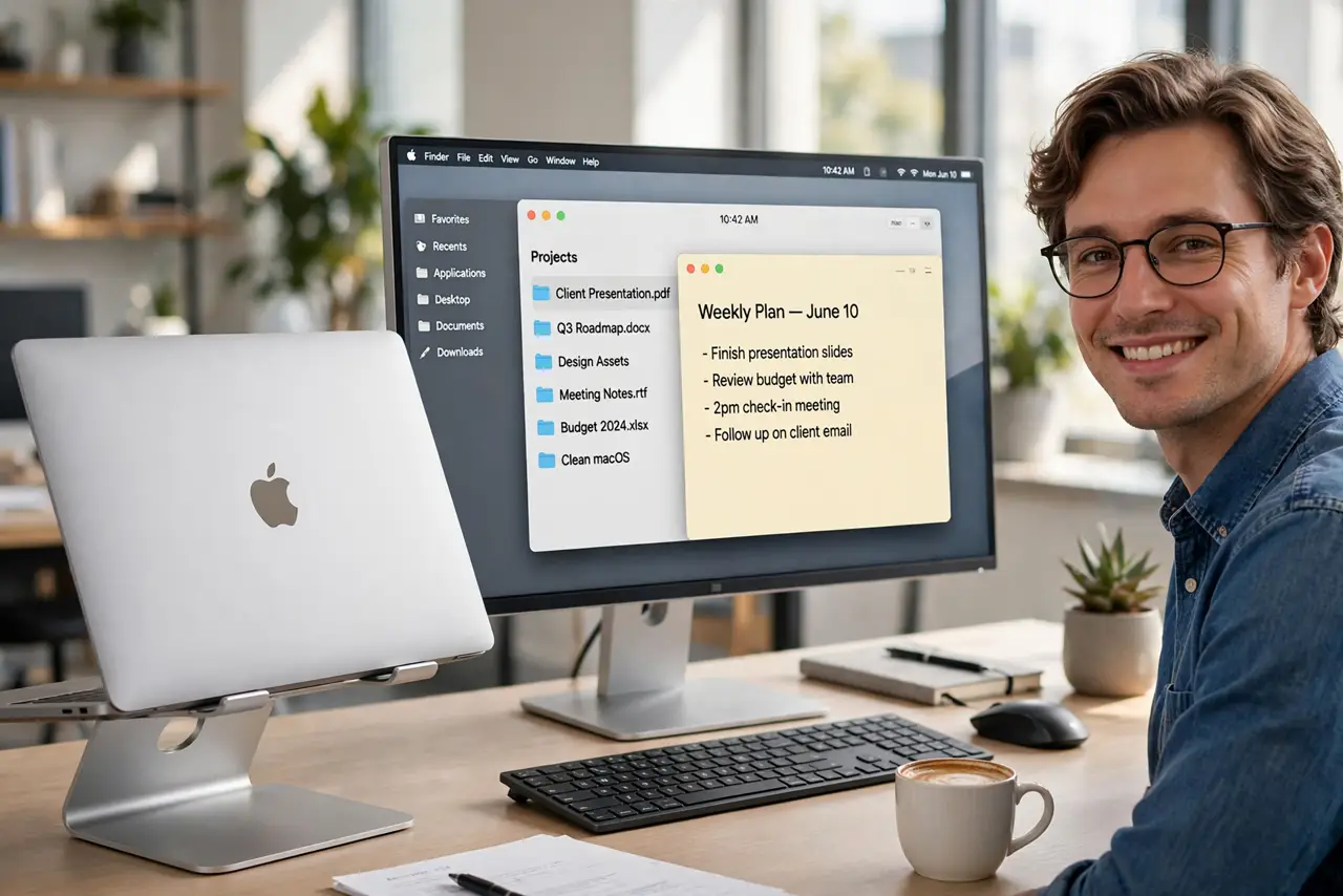 A person at a clean desk with a MacBook closed on a stand beside a large real external monitor showing a desktop with legible windows, the person's face.
