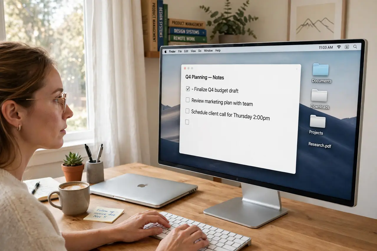 a person at a real desk with a closed MacBook beside a large external monitor showing a legible desktop, hands on an external keyboard, the person's face focused, home office.
