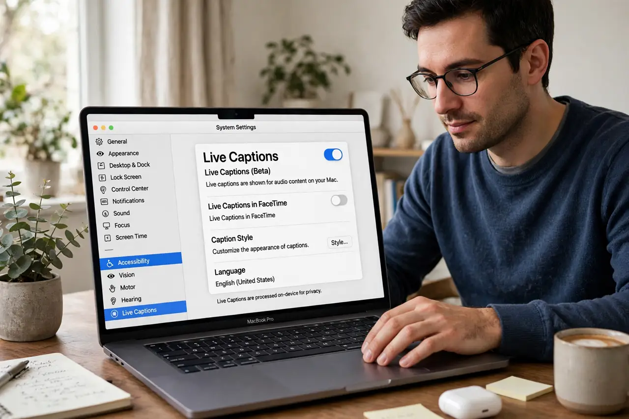 Photoreal photo of a person performing the first step: Open System Settings to Accessibility. Apple menu, System Settings, then Accessibility in th...