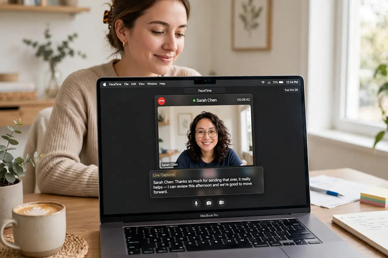 Photoreal photo: a person on a real Mac watching a video call with a live captions window showing legible text, the person looking relieved, home office. No black screen, no blank white screen, no fake or garbled s...