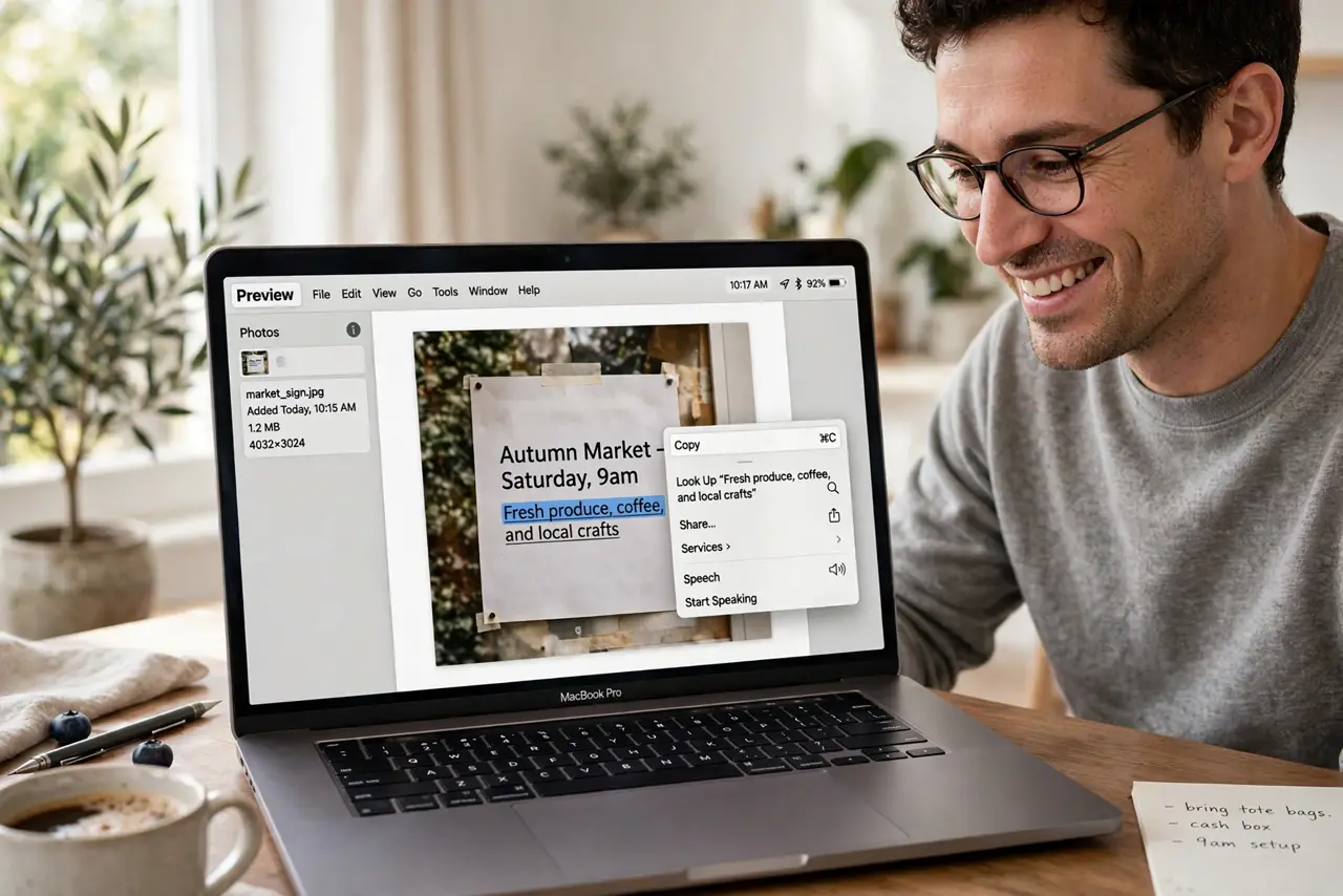 A person using a real Mac showing a photo with text in Preview, the text highlighted and selectable with a legible context menu, the person's face pleased,…