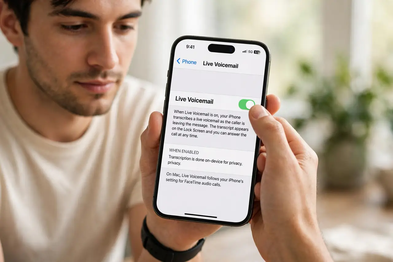 A person performing the guide's first step: Enable Live Voicemail. On iPhone go to Settings → Phone → Live Voicemail and switch it on. On Mac it follows your iPhone's setting for…
