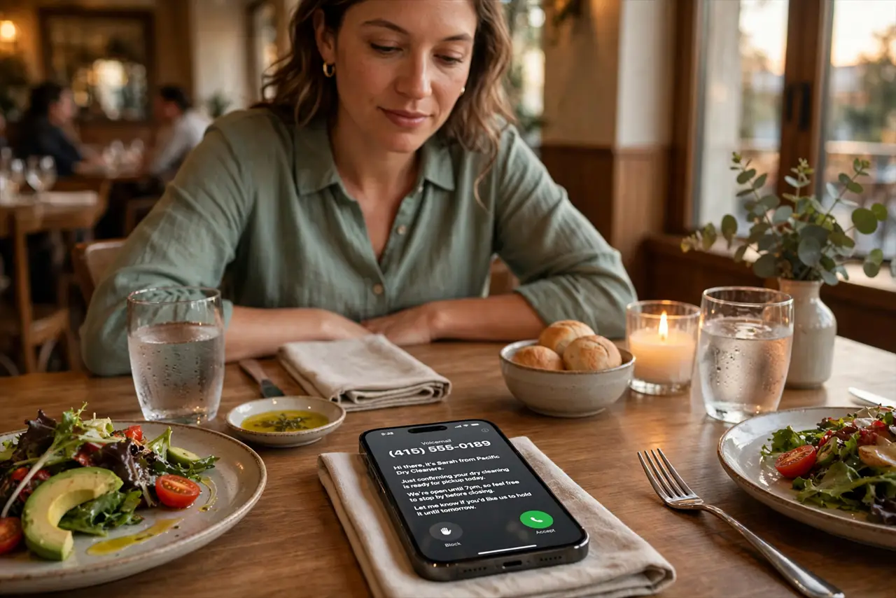 A person at a dining table with a real iPhone showing a Live Voicemail real-time transcript with legible text, the person reading calmly while dinner continues, warm evening light..