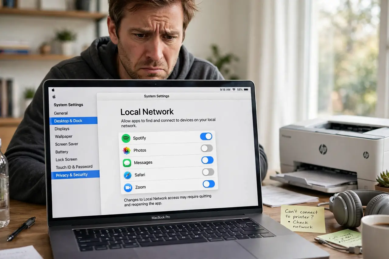 a person at a real MacBook with System Settings open on the Local Network privacy pane showing app toggles with legible text, a real printer visible nearby, ...