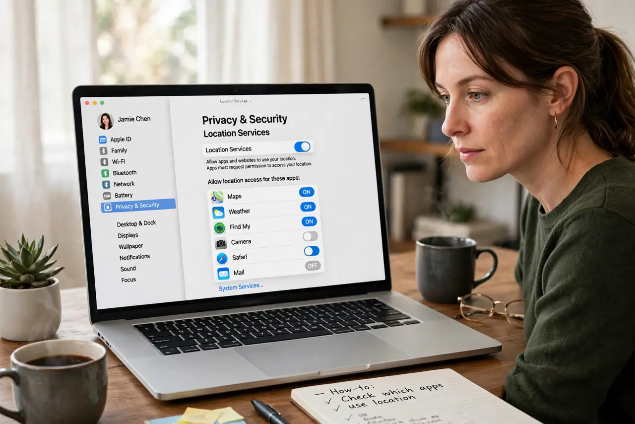 a person at a real MacBook with System Settings open on the Location Services pane showing app toggles with legible text, the person's face decisive, desk.