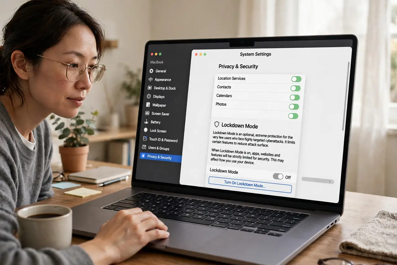 A person performing the first step: Find it in Privacy and Security. In System Settings, go to Privacy and Security and.
