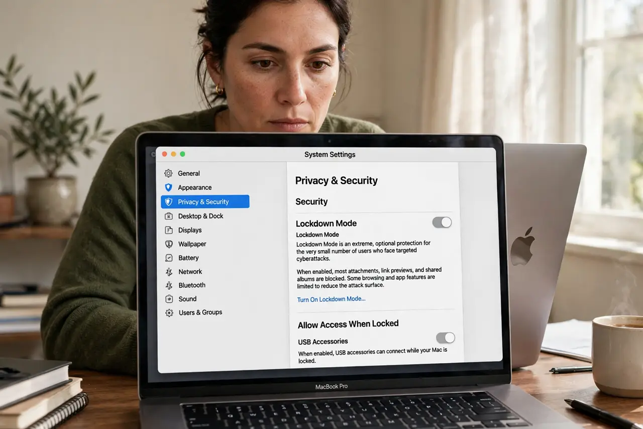A person reading about security settings on a MacBook, the screen showing Privacy and Security settings with Lockdown